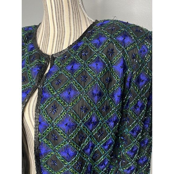 Lawrence Kazar Cardigan Beaded Sequin Vintage 80s Silk Womens Large Purple - Picture 2 of 5